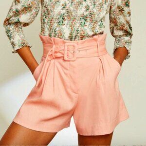 Veronica Beard 'Ashford' Belted Linen-Blend Shorts, Heathered Coral